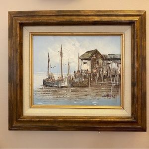 Vintage Nautical Scene with Boats - Blue and Brown Tones